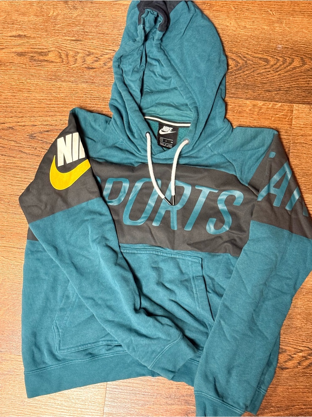 Nike Teal and Charcoal 'SPORTS' Pullover Hoodie with Yellow Swoosh